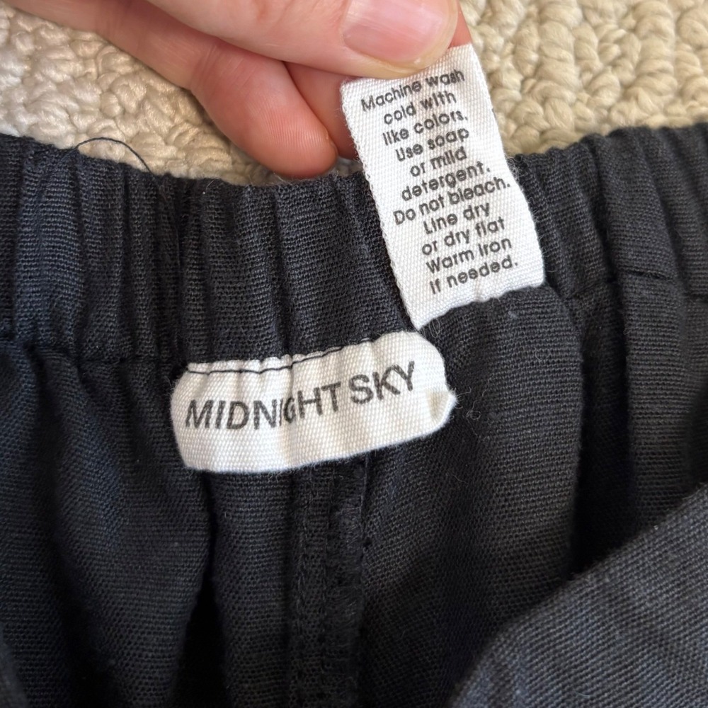 Midnight Sky Black Linen Blend Wide Leg Crop Pants White Lace Hem, Large Lagen - Picture 7 of 16